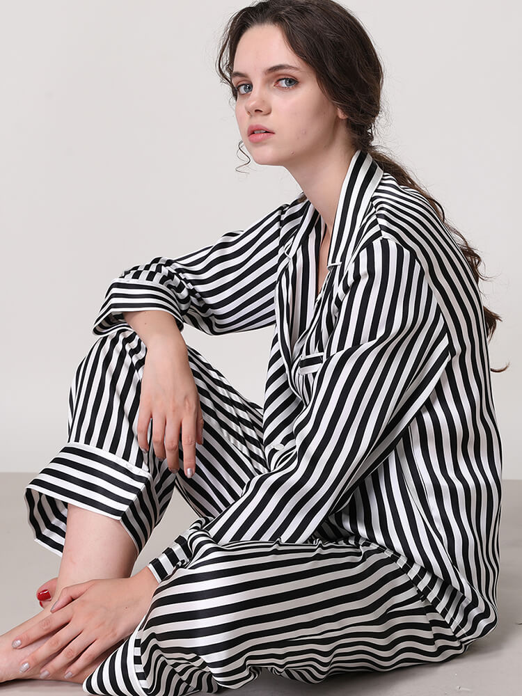19 Momme Striped Printed Long Sleeve Silk Pajama Set for Women