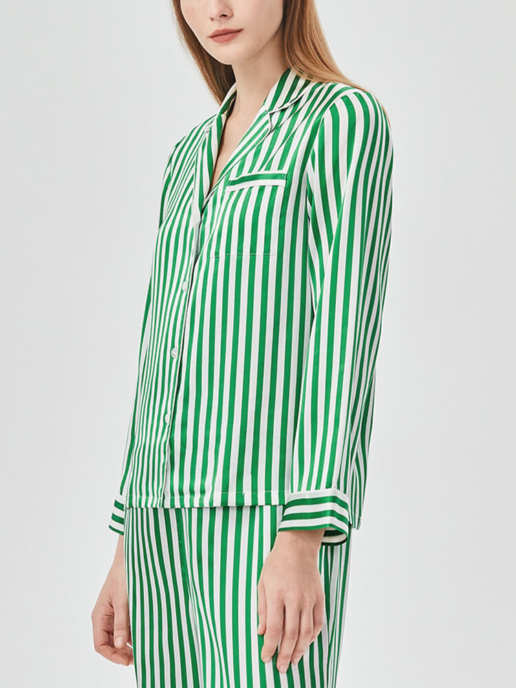19 Momme Striped Printed Long Sleeve Silk Pajama Set for Women