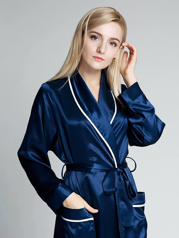 22 Momme Luxurious Piped Long Silk Robe For Women