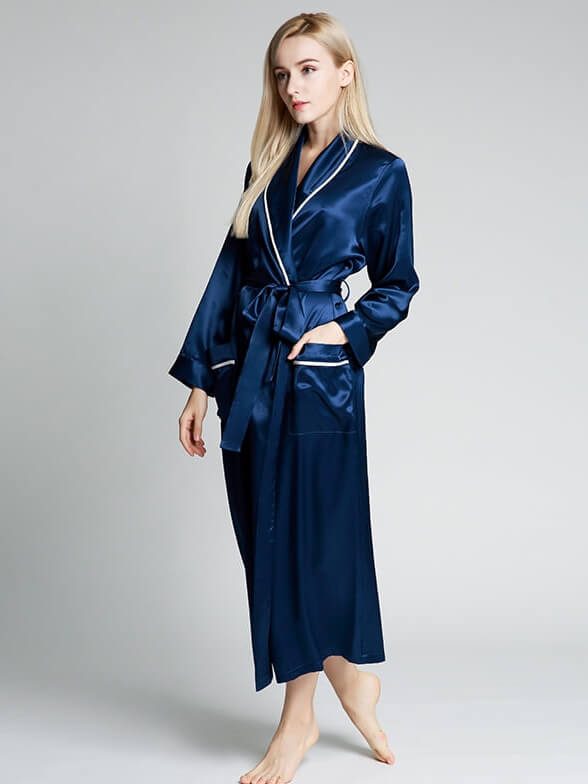 22 Momme Luxurious Piped Long Silk Robe For Women