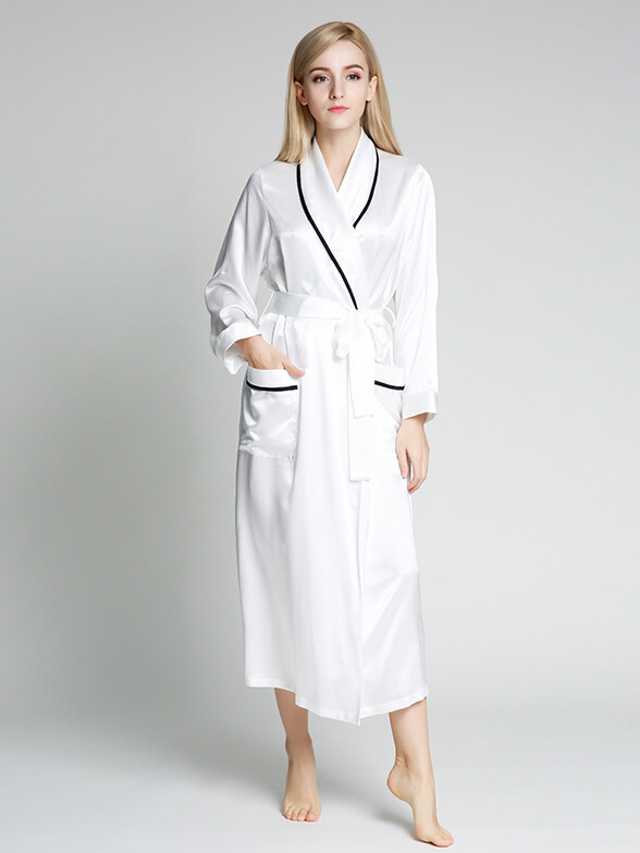 22 Momme Luxurious Piped Long Silk Robe For Women