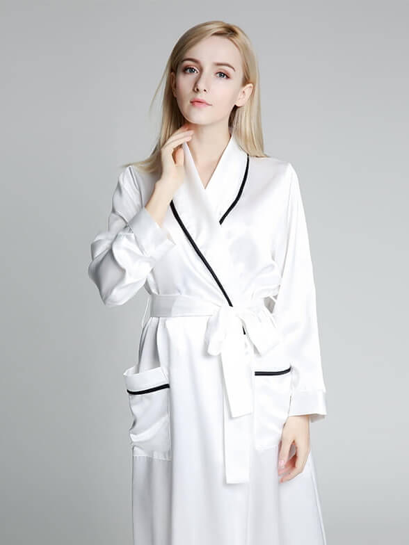 22 Momme Luxurious Piped Long Silk Robe For Women