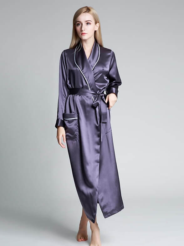 22 Momme Luxurious Piped Long Silk Robe For Women