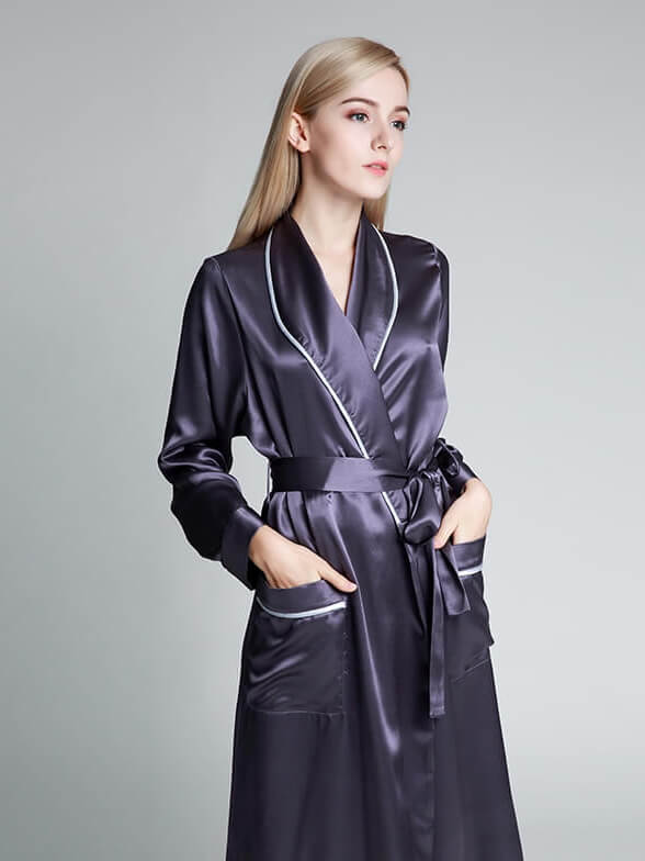 22 Momme Luxurious Piped Long Silk Robe For Women
