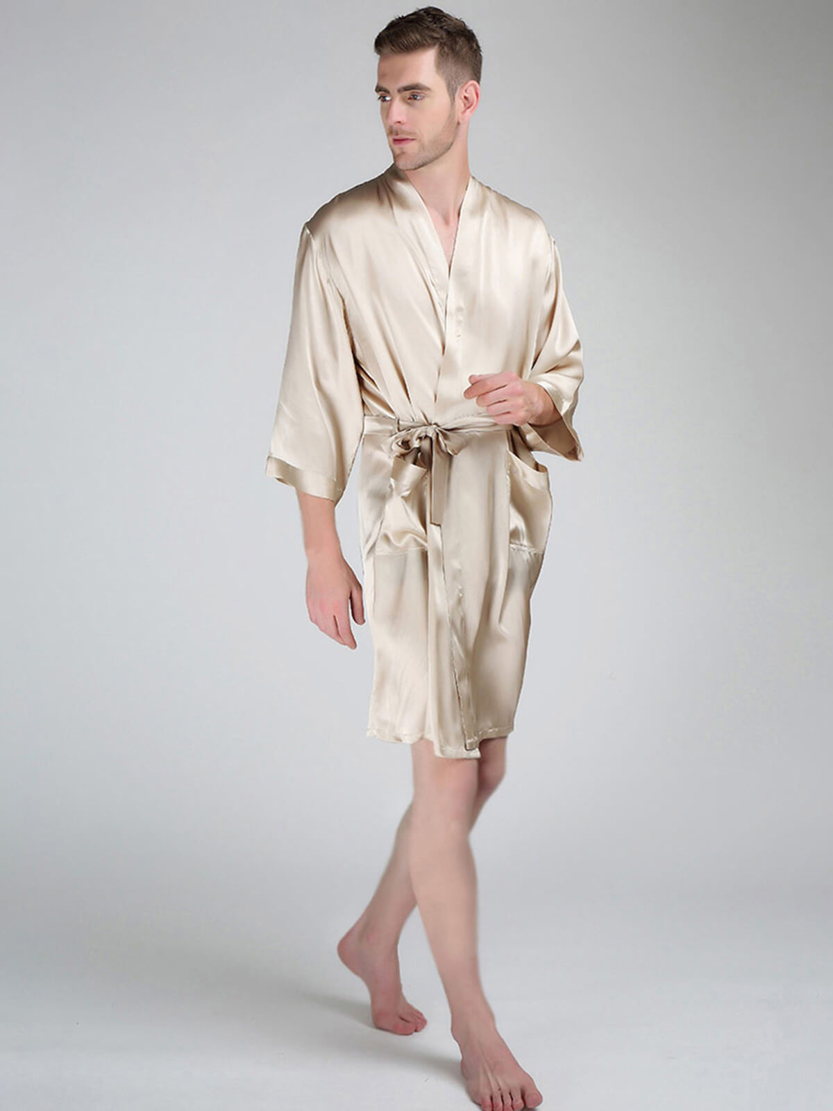 22 Momme Men's Classic Short Silk Robe with Belt and Pockets