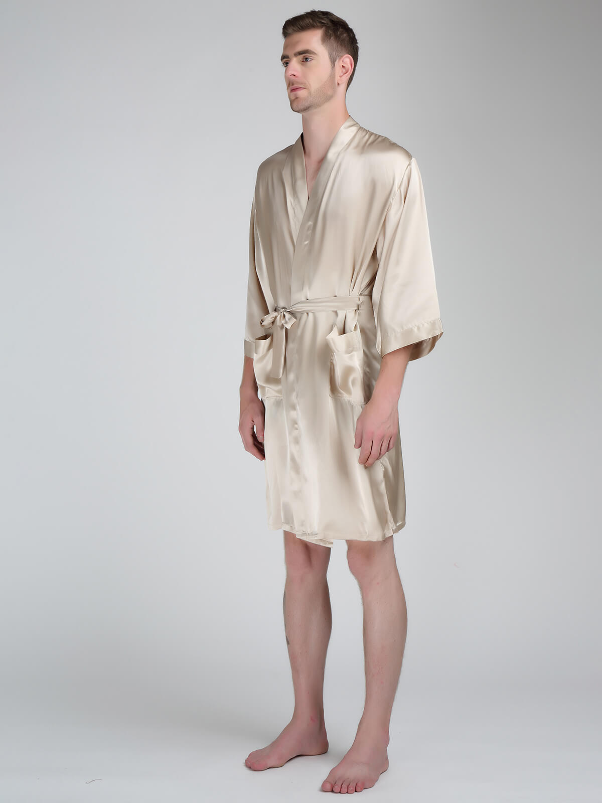 22 Momme Men's Classic Short Silk Robe with Belt and Pockets