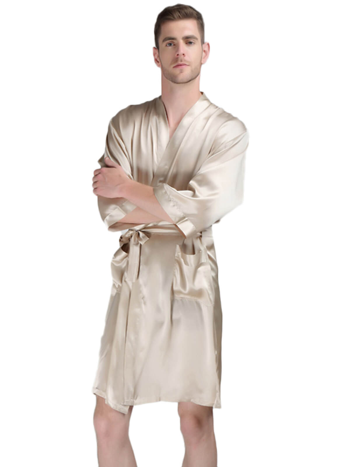 22 Momme Men's Classic Short Silk Robe with Belt and Pockets