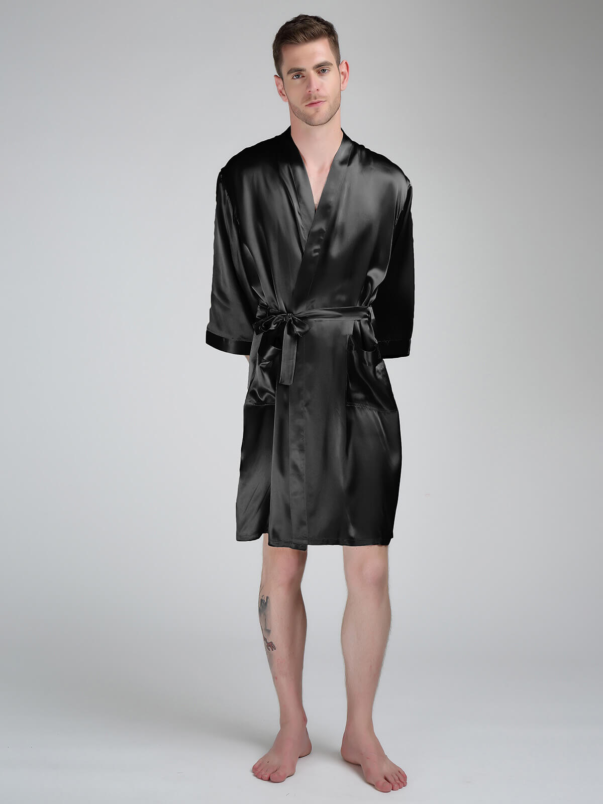 22 Momme Men's Classic Short Silk Robe with Belt and Pockets