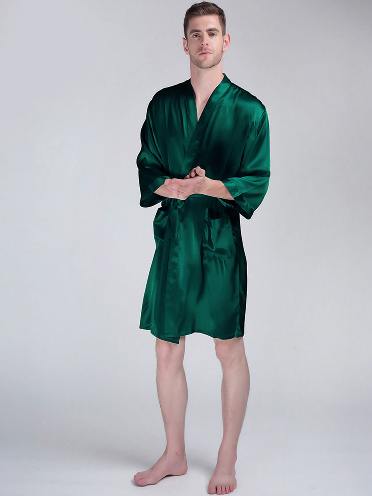 22 Momme Men's Classic Short Silk Robe with Belt and Pockets