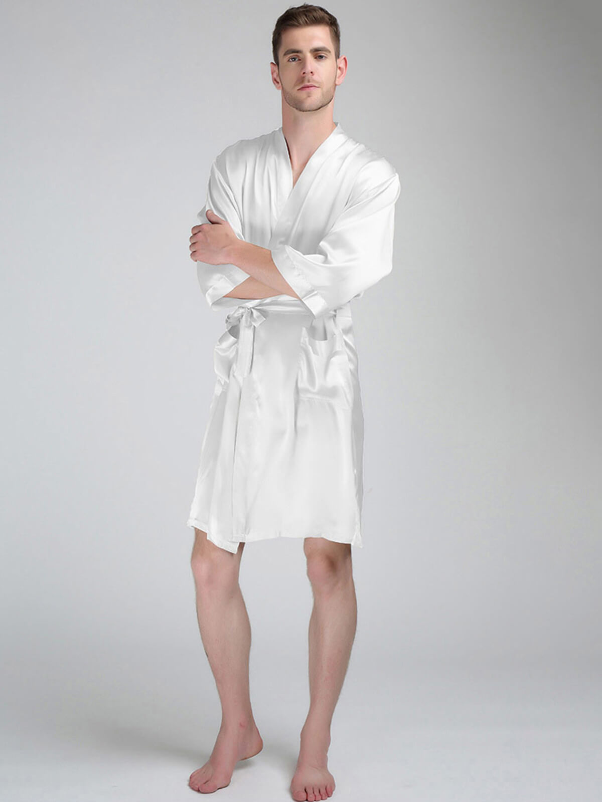 22 Momme Men's Classic Short Silk Robe with Belt and Pockets