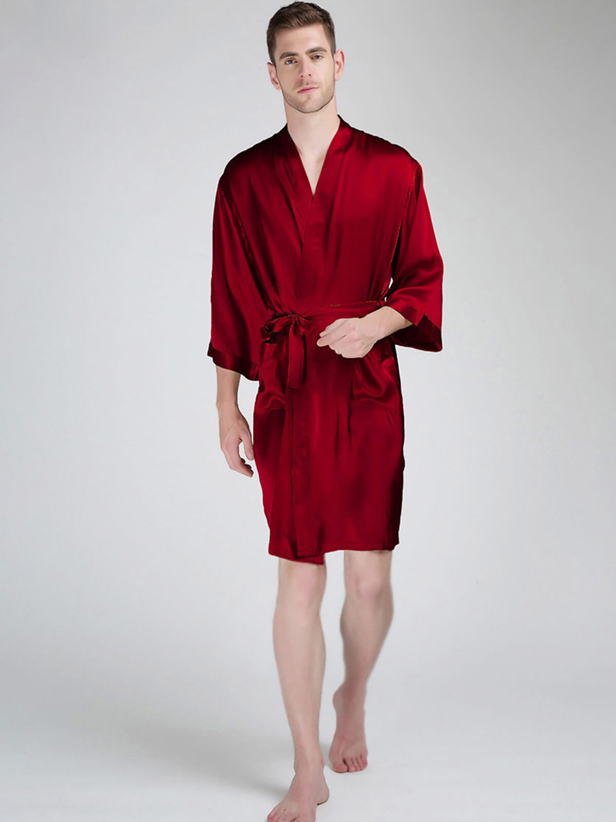 22 Momme Men's Classic Short Silk Robe with Belt and Pockets