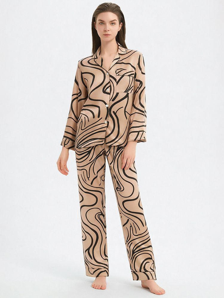 22 Momme Champagne Gold Women Wave Pattern Long Silk Pajama Set