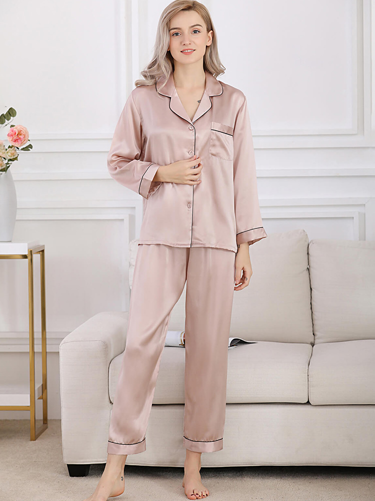 22 Momme Classic Long Sleeve Trimmed Silk Pajama Set for Women