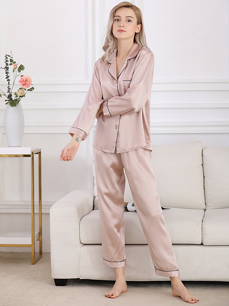 22 Momme Classic Long Sleeve Trimmed Silk Pajama Set for Women
