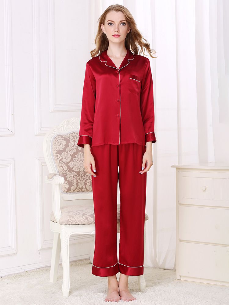 22 Momme Classic Long Sleeve Trimmed Silk Pajama Set for Women