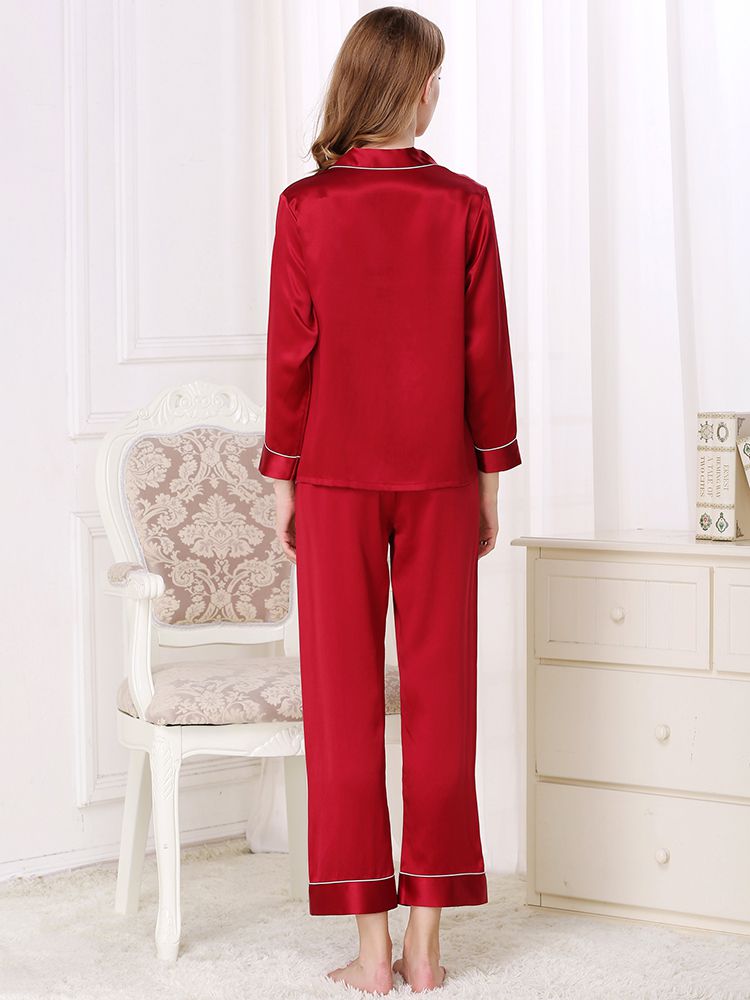 22 Momme Classic Long Sleeve Trimmed Silk Pajama Set for Women