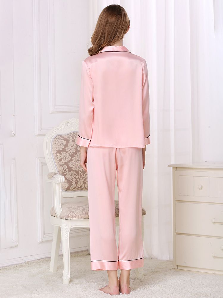 22 Momme Classic Long Sleeve Trimmed Silk Pajama Set for Women