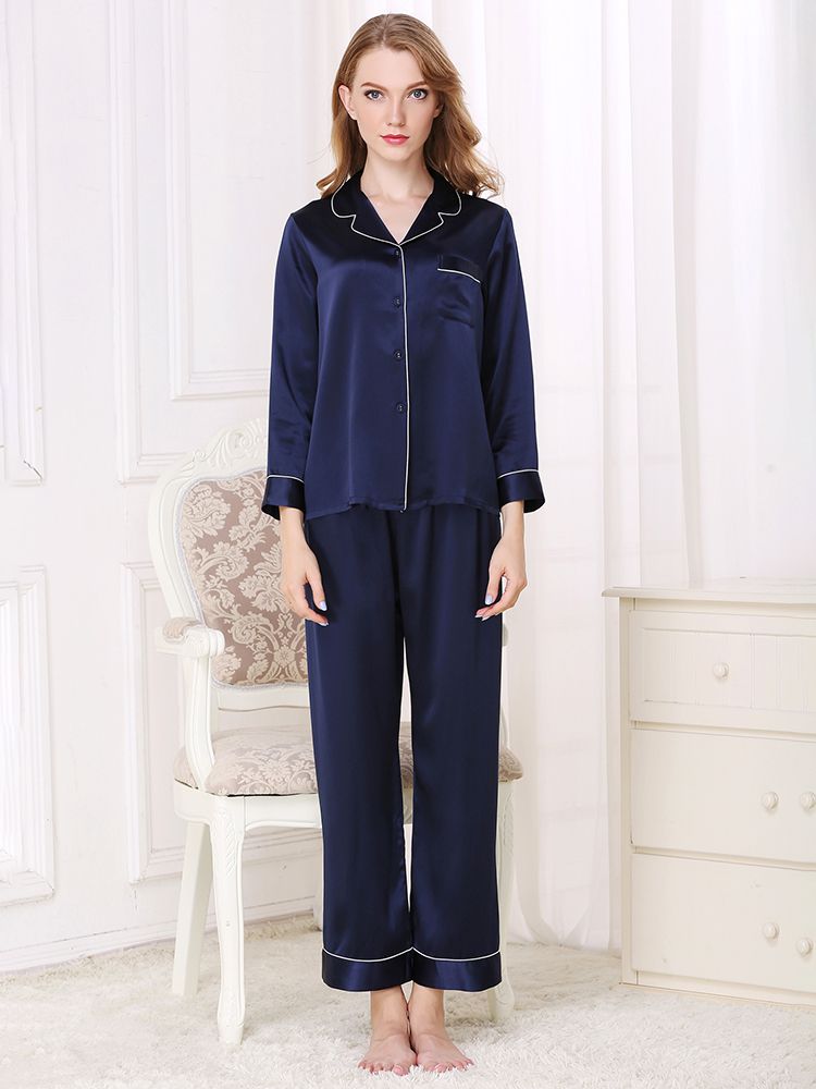 22 Momme Classic Long Sleeve Trimmed Silk Pajama Set for Women