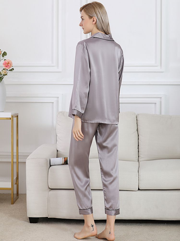 22 Momme Classic Long Sleeve Trimmed Silk Pajama Set for Women