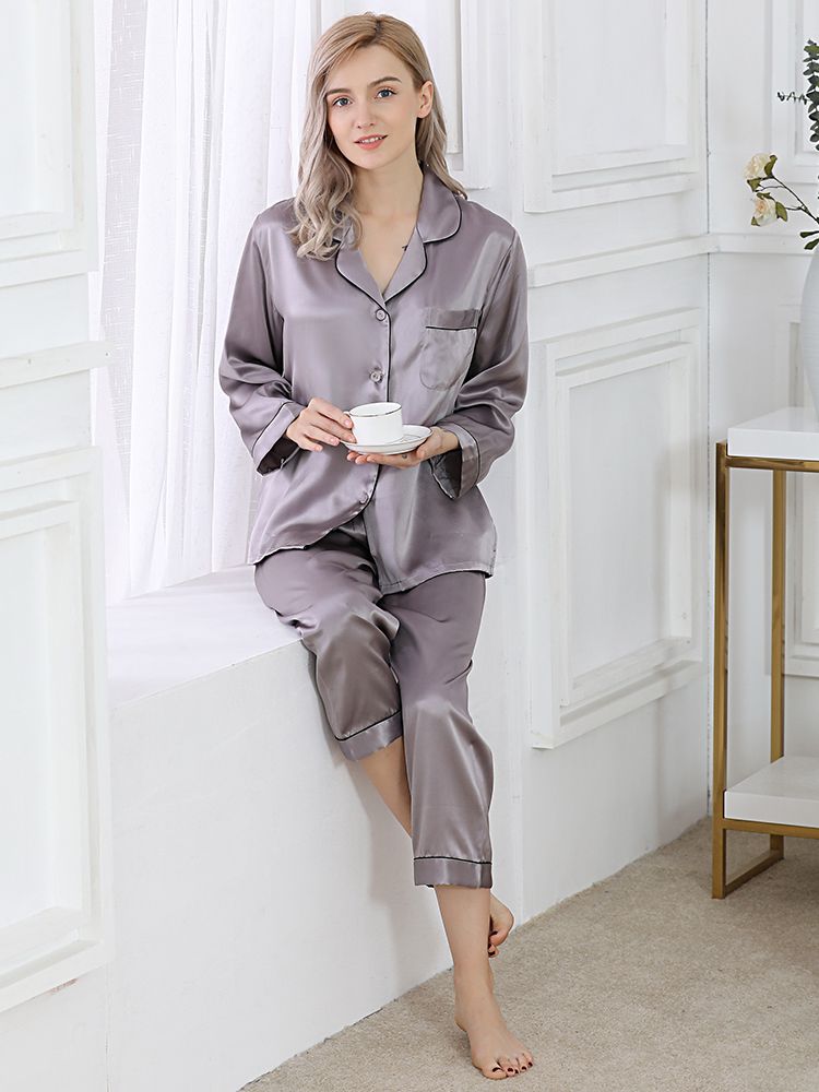 22 Momme Classic Long Sleeve Trimmed Silk Pajama Set for Women