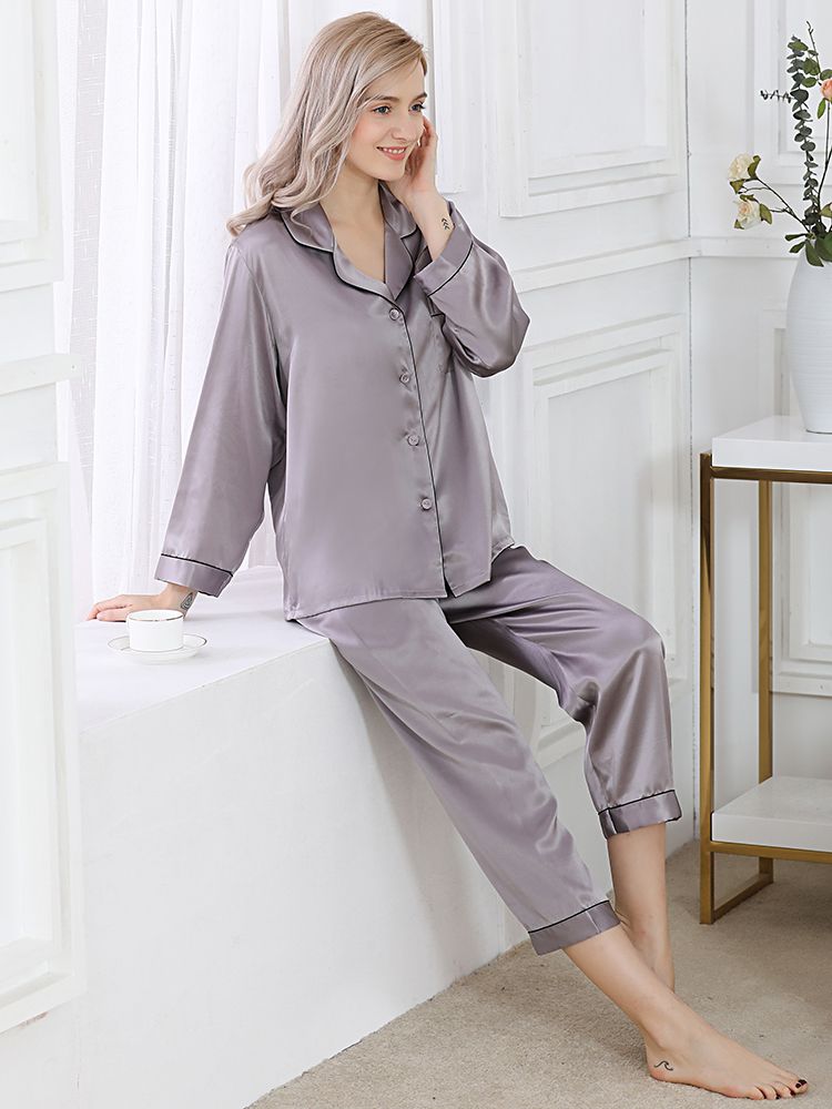22 Momme Classic Long Sleeve Trimmed Silk Pajama Set for Women