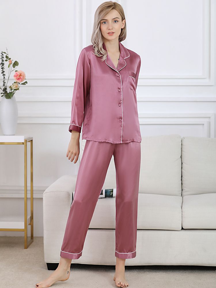 22 Momme Classic Long Sleeve Trimmed Silk Pajama Set for Women