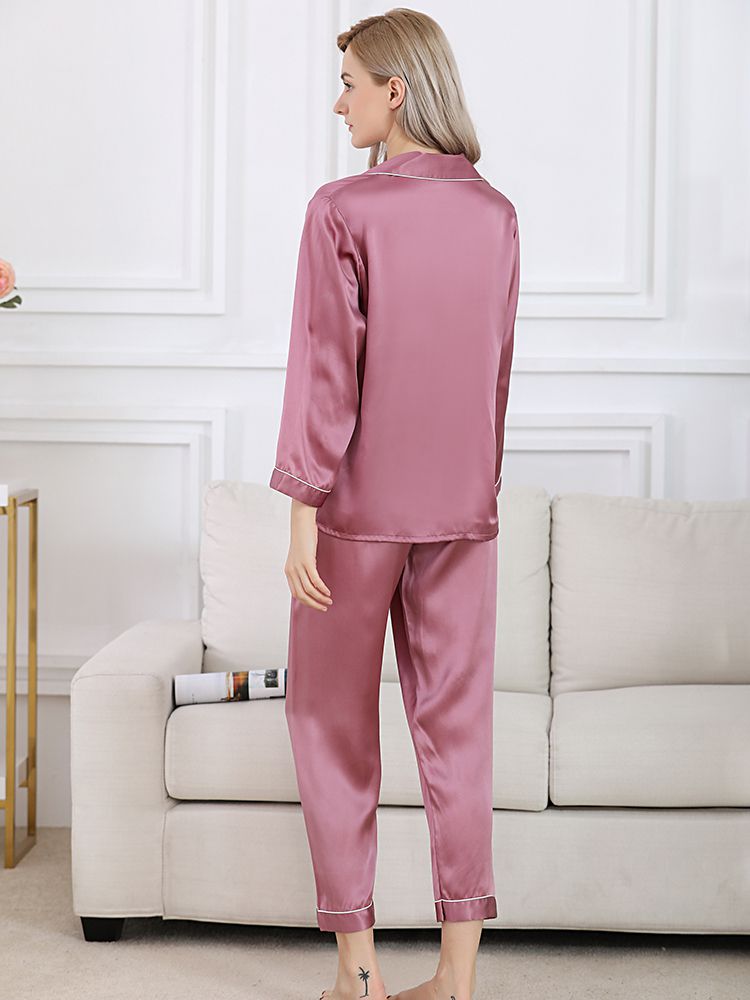 22 Momme Classic Long Sleeve Trimmed Silk Pajama Set for Women