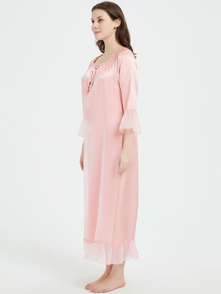 22 Momme Tie-Neck Ruffled Women Long Mulberry Silk Nightdress