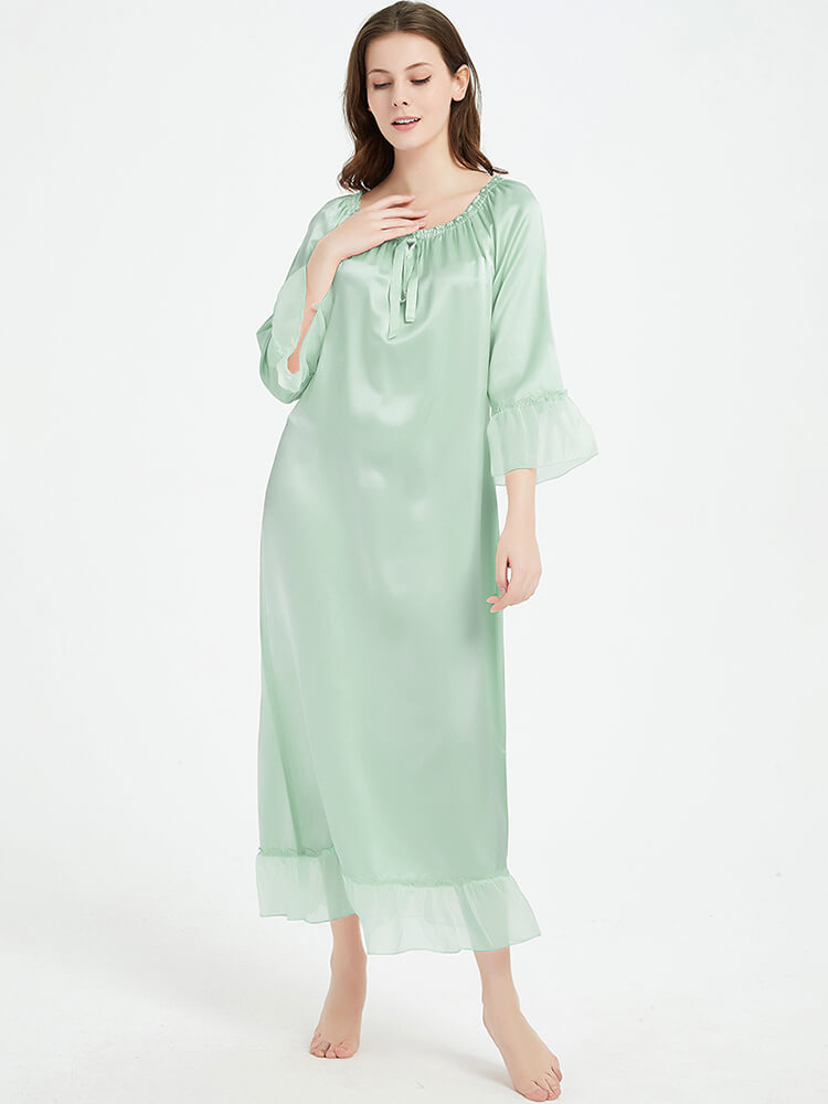 22 Momme Tie-Neck Ruffled Women Long Mulberry Silk Nightdress