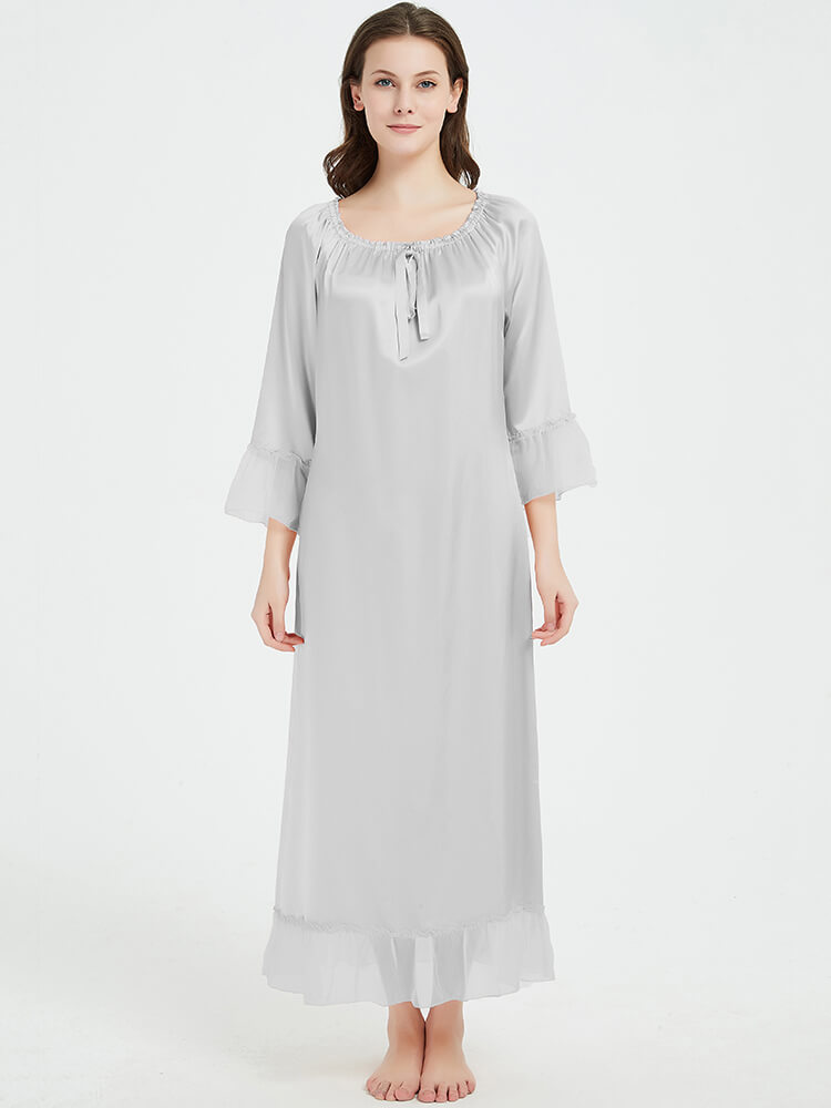 22 Momme Tie-Neck Ruffled Women Long Mulberry Silk Nightdress