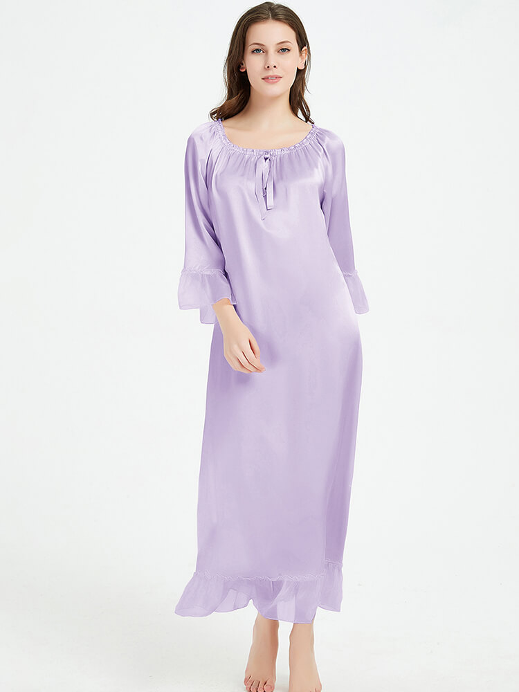 22 Momme Tie-Neck Ruffled Women Long Mulberry Silk Nightdress