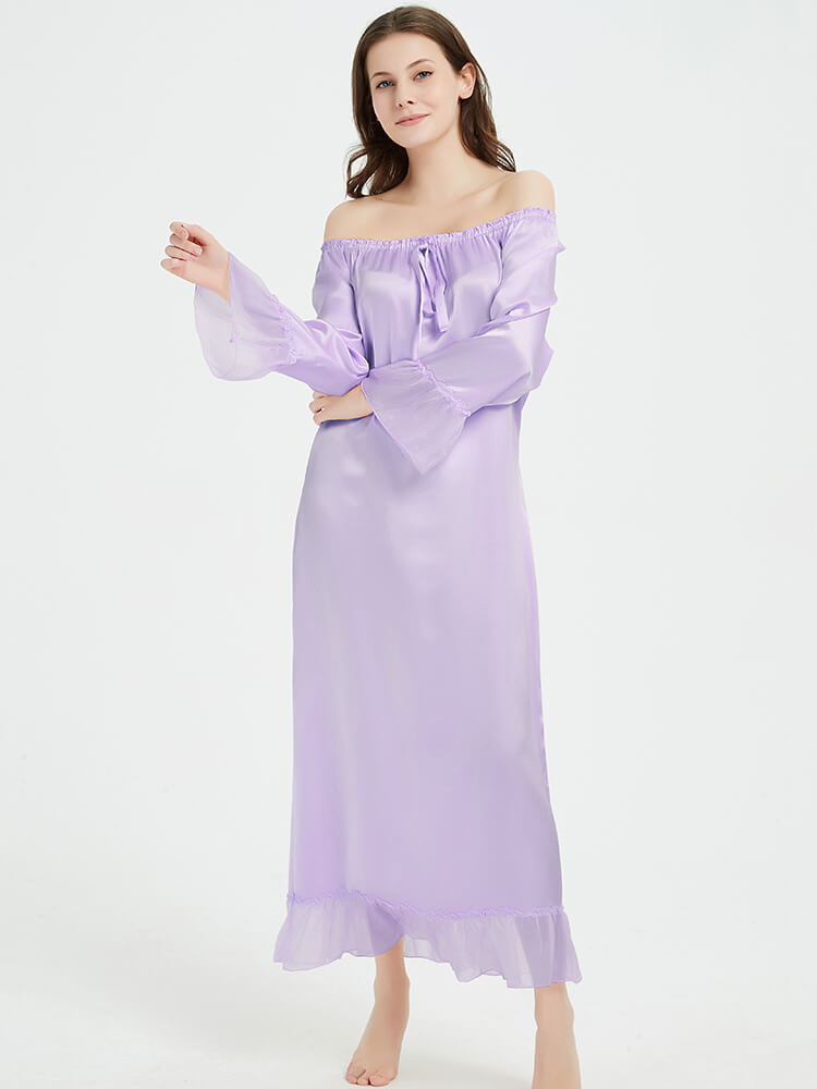 22 Momme Tie-Neck Ruffled Women Long Mulberry Silk Nightdress