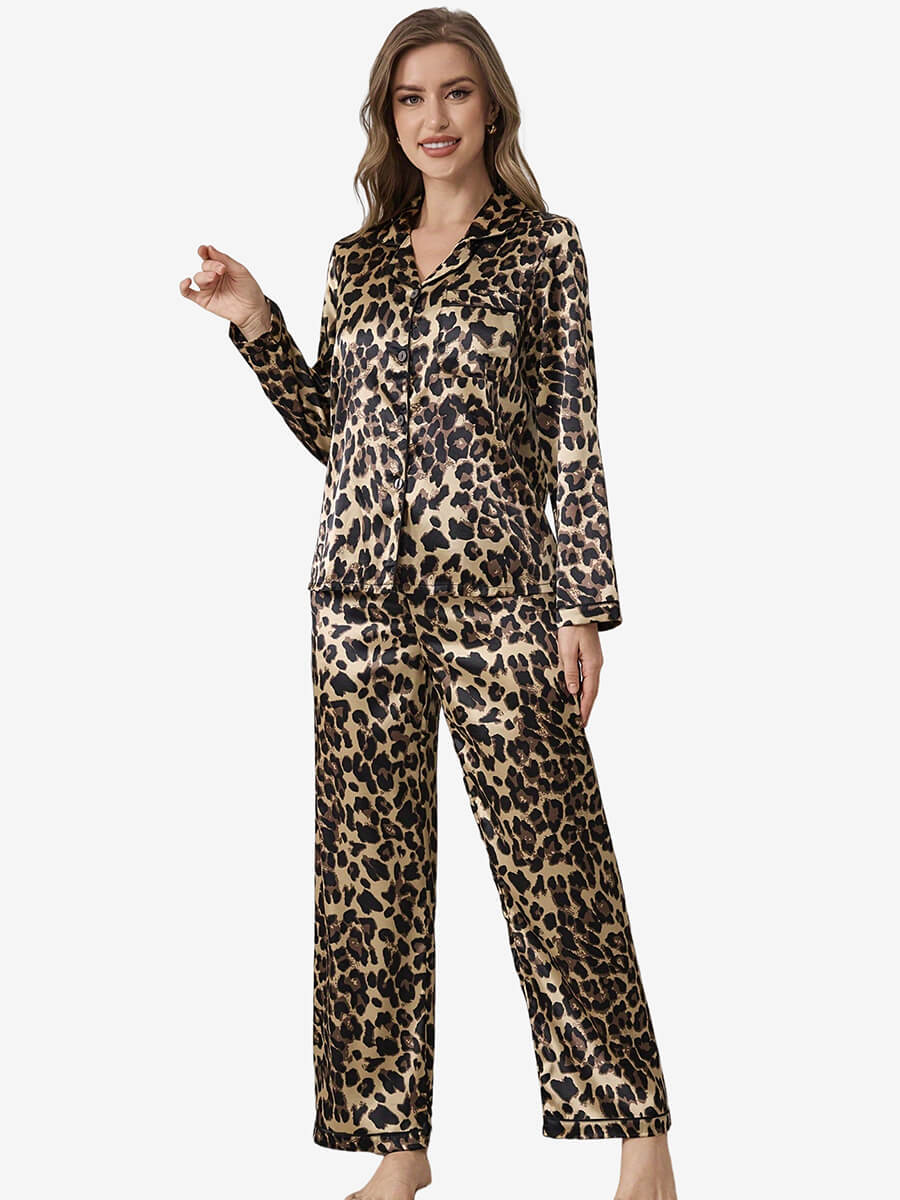 22 Momme Fashion Leopard Printed Long Silk Pajama Set for Women