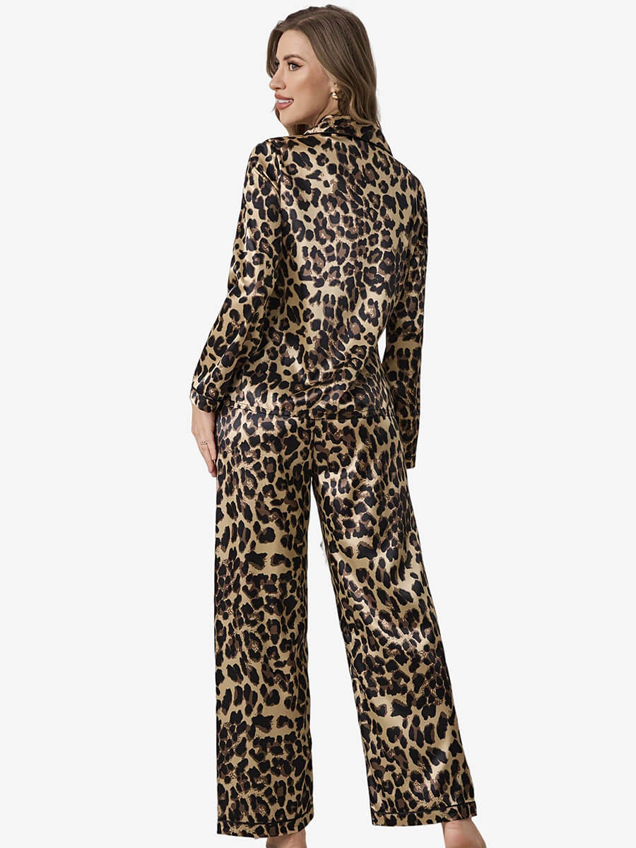 22 Momme Fashion Leopard Printed Long Silk Pajama Set for Women