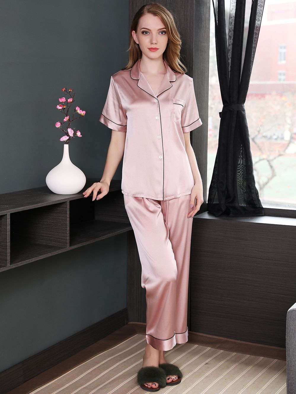 22 Momme Short Sleeved Silk Pajama Set with Trimming