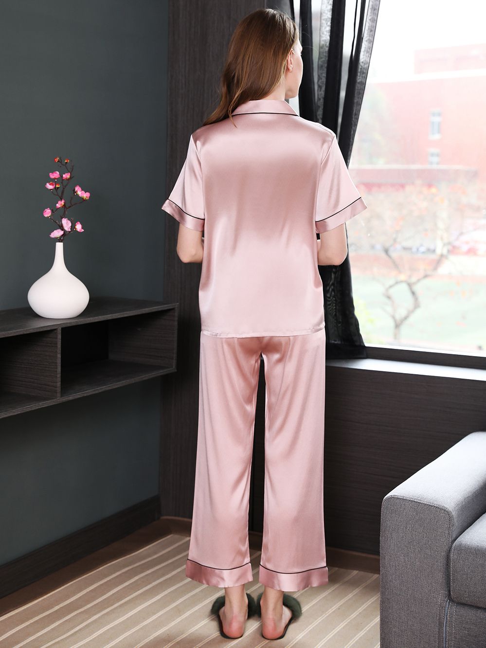 22 Momme Short Sleeved Silk Pajama Set with Trimming