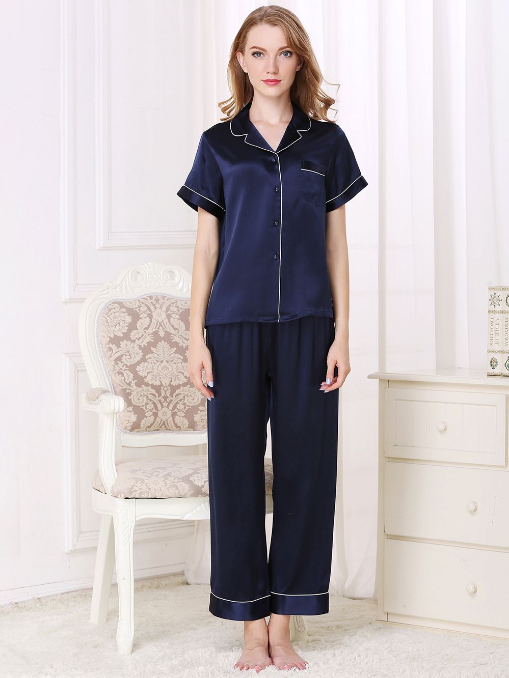 22 Momme Short Sleeved Silk Pajama Set with Trimming