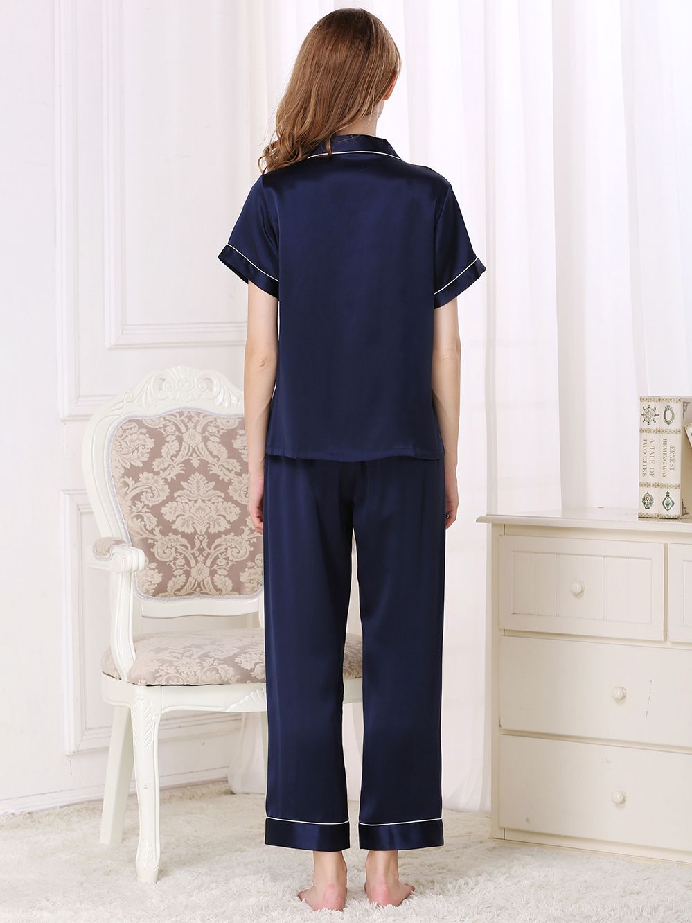 22 Momme Short Sleeved Silk Pajama Set with Trimming