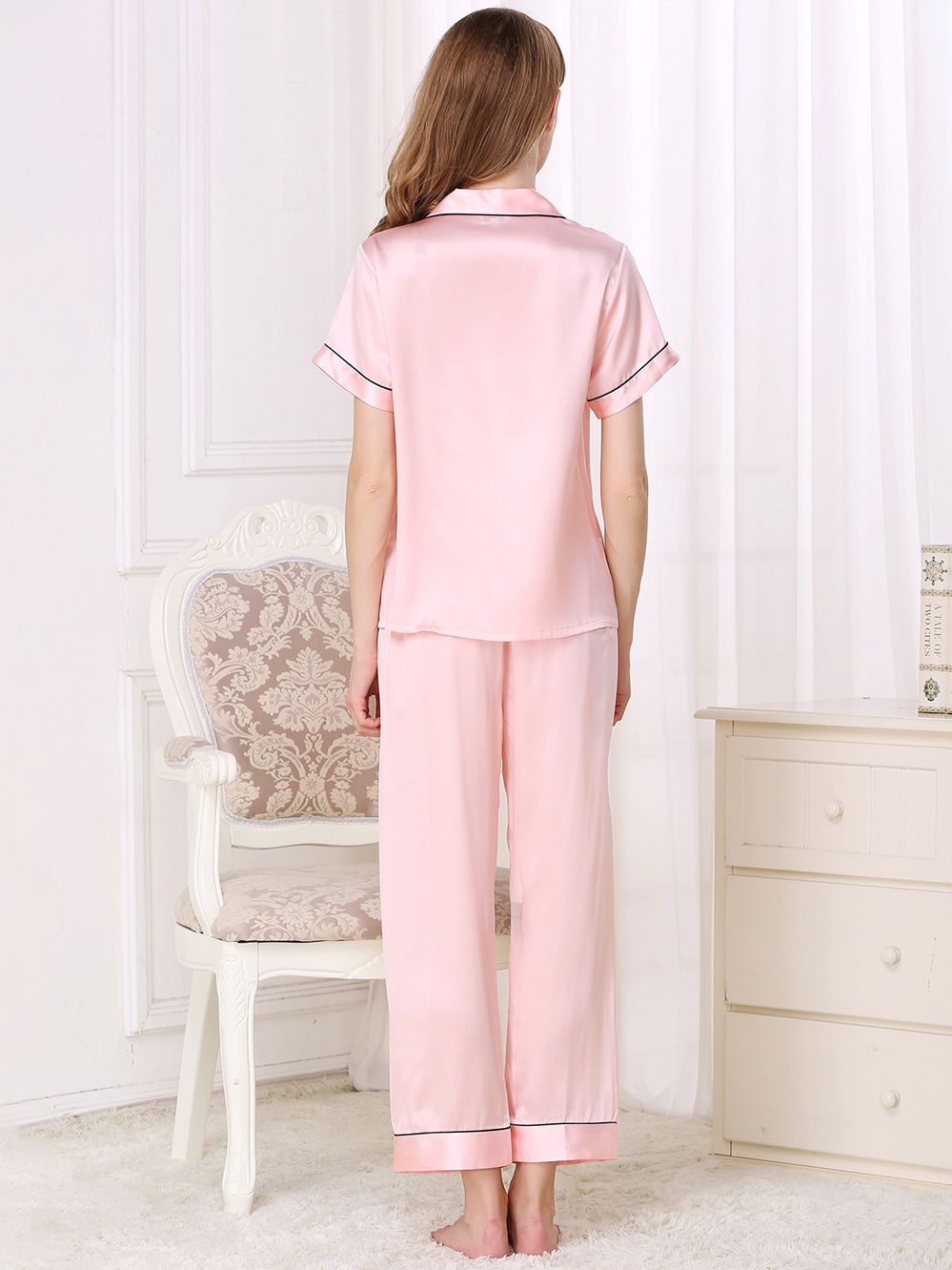22 Momme Short Sleeved Silk Pajama Set with Trimming