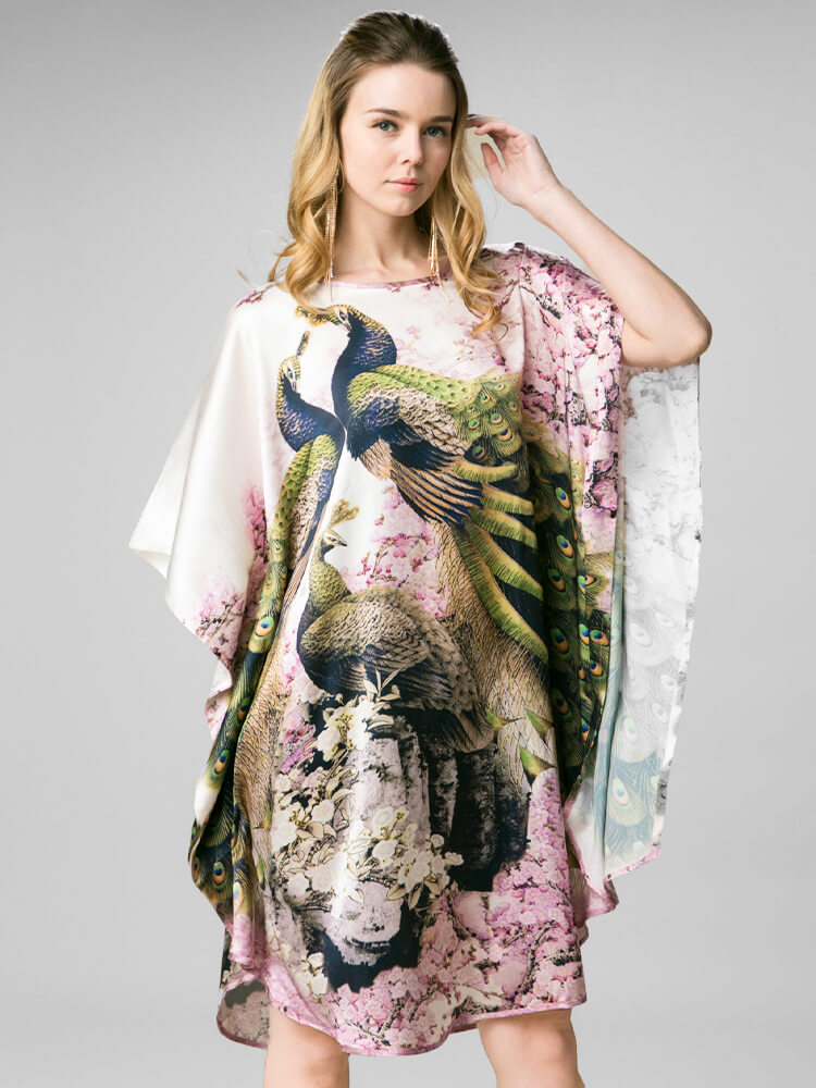 Cherry Blossom and Peacock Printed White Silk Kaftan Nightgown