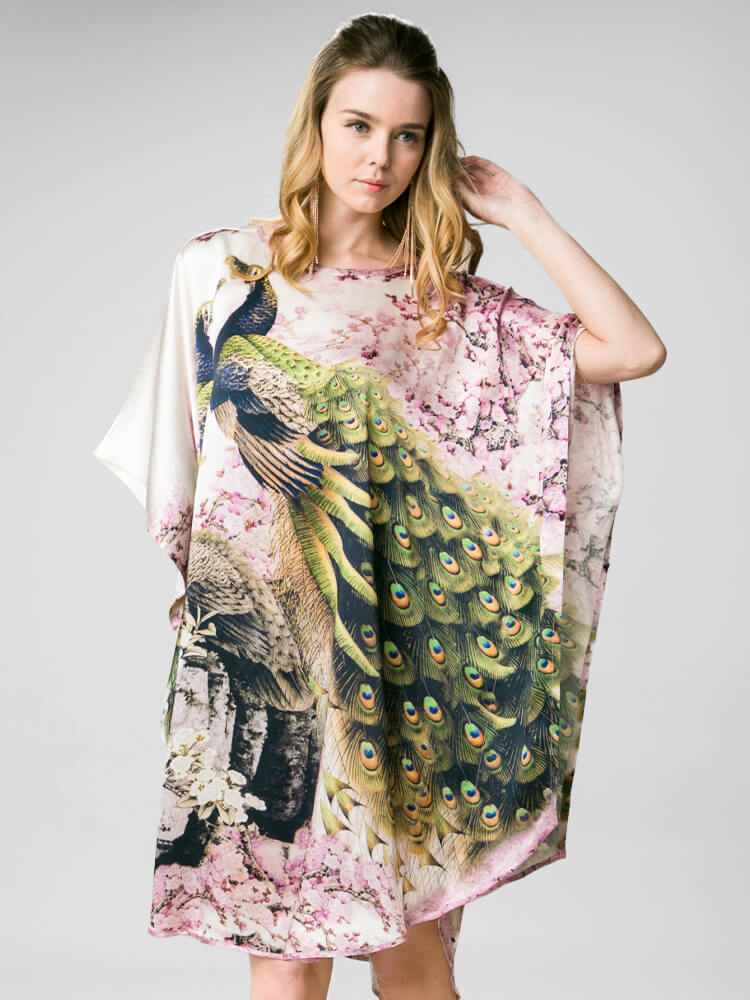 Cherry Blossom and Peacock Printed White Silk Kaftan Nightgown