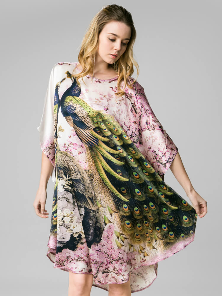 Cherry Blossom and Peacock Printed White Silk Kaftan Nightgown