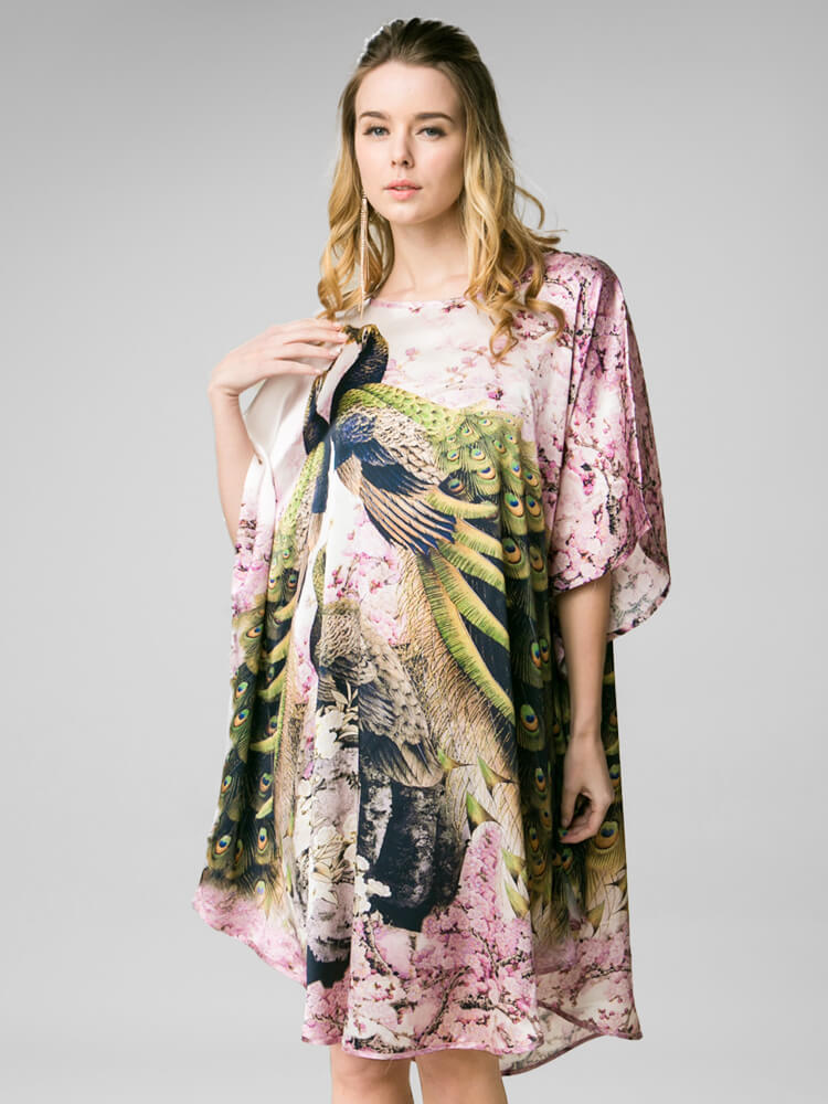 Cherry Blossom and Peacock Printed White Silk Kaftan Nightgown
