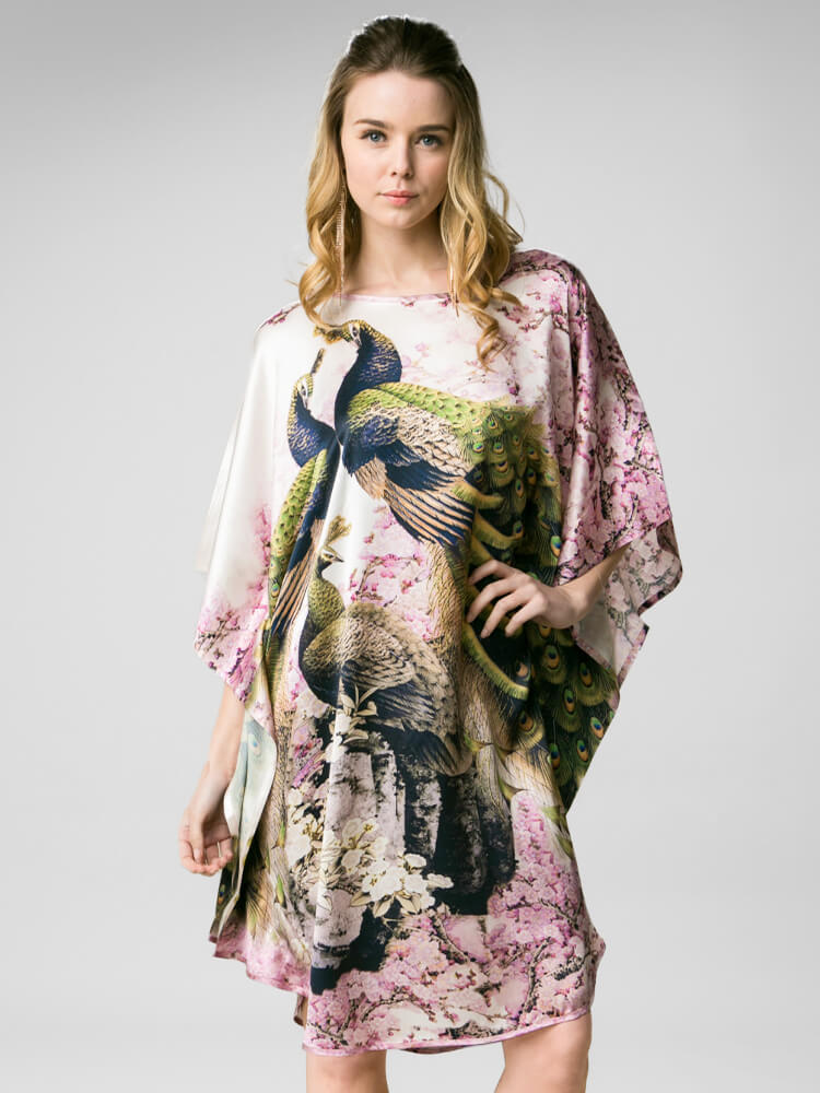 Cherry Blossom and Peacock Printed White Silk Kaftan Nightgown