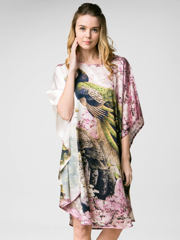 Cherry Blossom and Peacock Printed White Silk Kaftan Nightgown