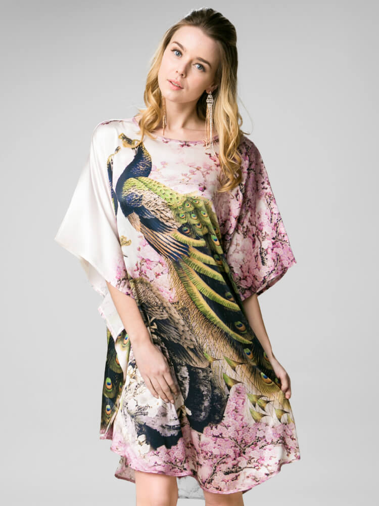 Cherry Blossom and Peacock Printed White Silk Kaftan Nightgown