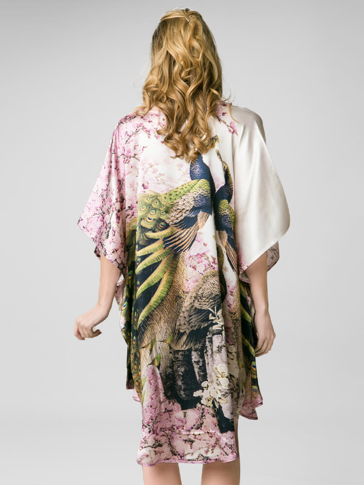 Cherry Blossom and Peacock Printed White Silk Kaftan Nightgown