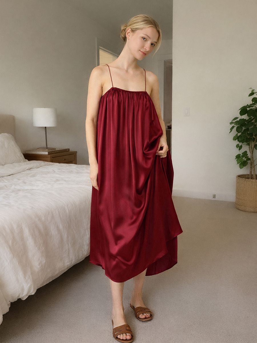 19 Momme Spaghetti Strap Loose Midi Silk Chemise Slip Nightgown
