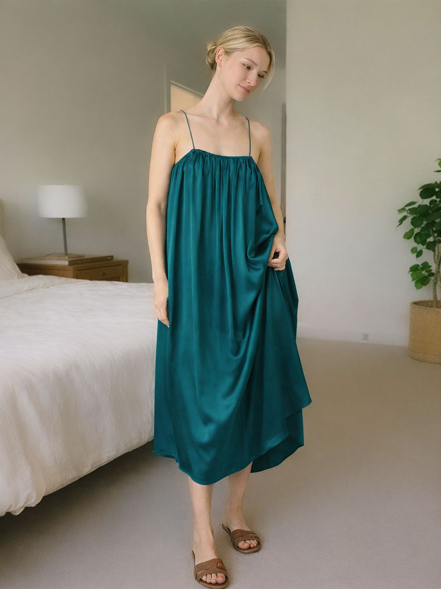 19 Momme Spaghetti Strap Loose Midi Silk Chemise Slip Nightgown