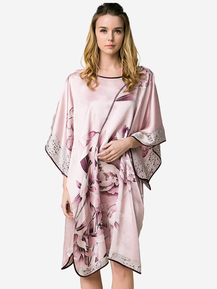 22 Momme Pink Peony Floral Silk Kimono Kaftan Nightdress
